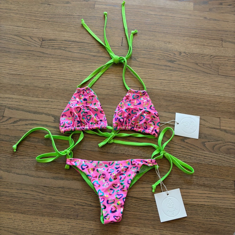 Unico Swim Ashley Top Ruby FB Bottom Bikini Set Pink Lime Green Heart Print L